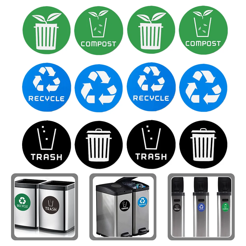 12 Pcs Round Stickers Garbage Sorting Trash Bin Labels Recycle Sign Can Waste Container Miss