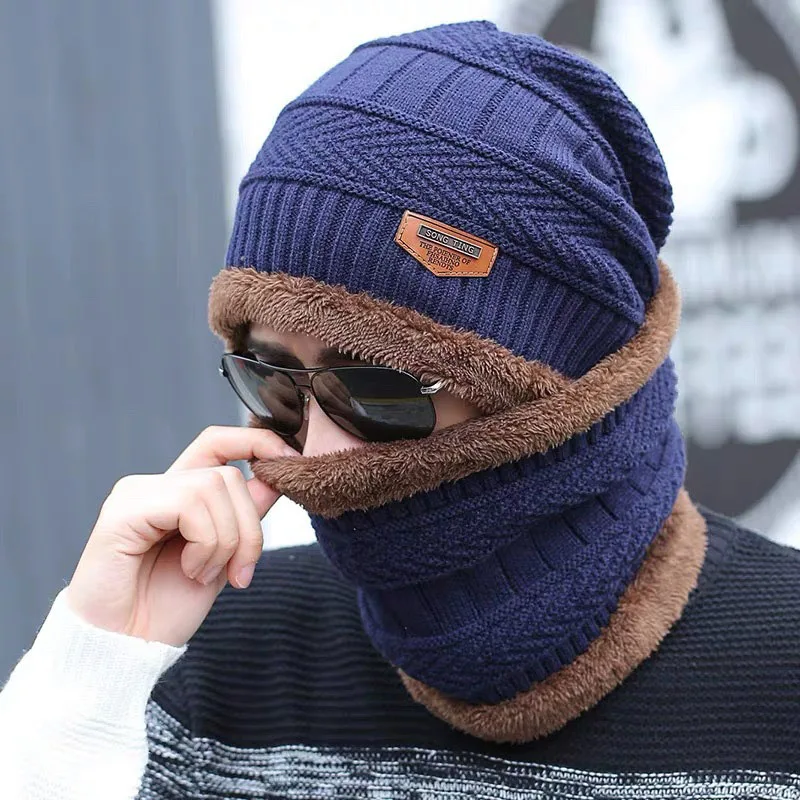 Men's Woman Velvet Winter Beanie Hats Thicken Warm Knitted Skullies Beanies Wool Neck Scarf Cap Outdoor Sports Fleece Scarf Hat