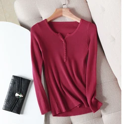 Women Autumn Knitted Slim Sweaters Solid Knitted Cotton Button V-neck Soft Elastic Pullovers Button Long Sleeve Female Sweater