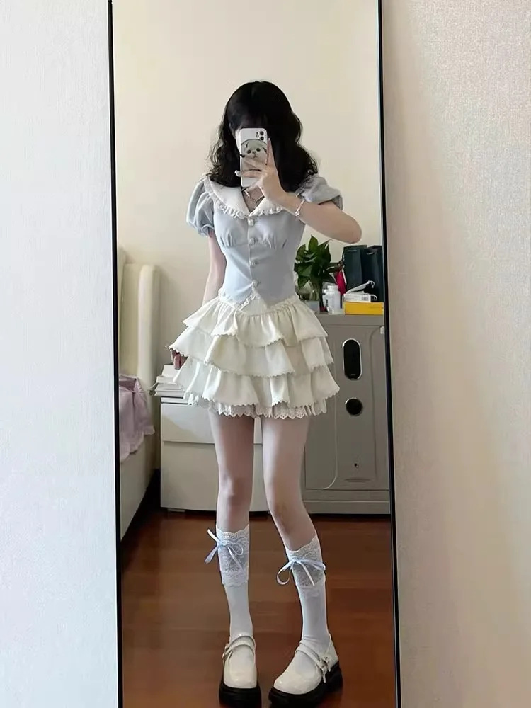 

Chic Summer Outfit Navy Collar Bubble Sve Top Ele Cake Skirt Two Piece Set ort Sve Faionable Women's Ensemble