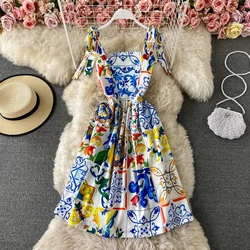 Banulin 2021 HOT Summer Runway Boho Dress Women's Bow Spaghetti Strap Backless Blue and White Porcelain Floral Print Mini Dress