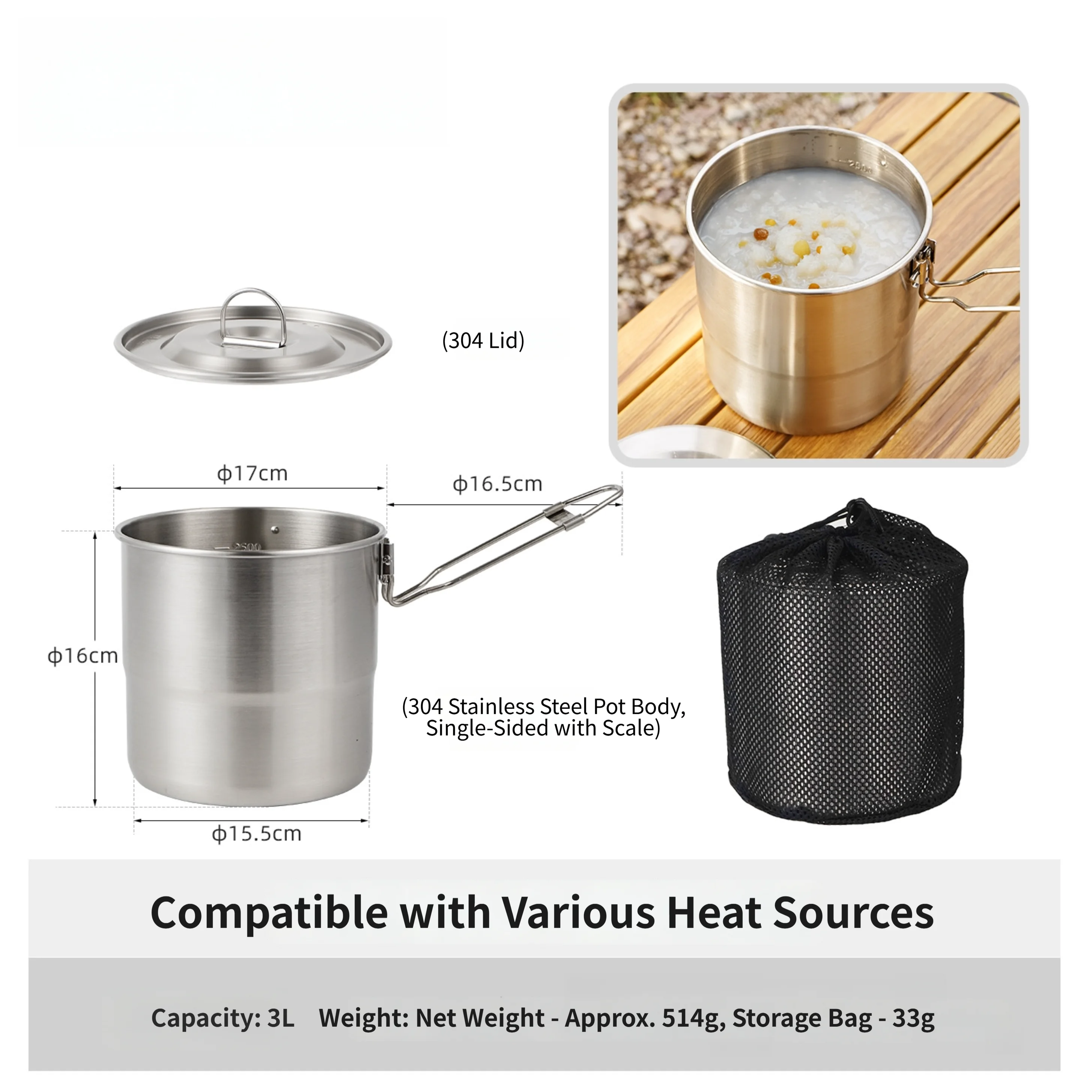 หม้อทำอาหารสแตนเลสแบบพกพา 3 ลิ - Camping Cooking Set Compact บทวิจารณ์และราคา