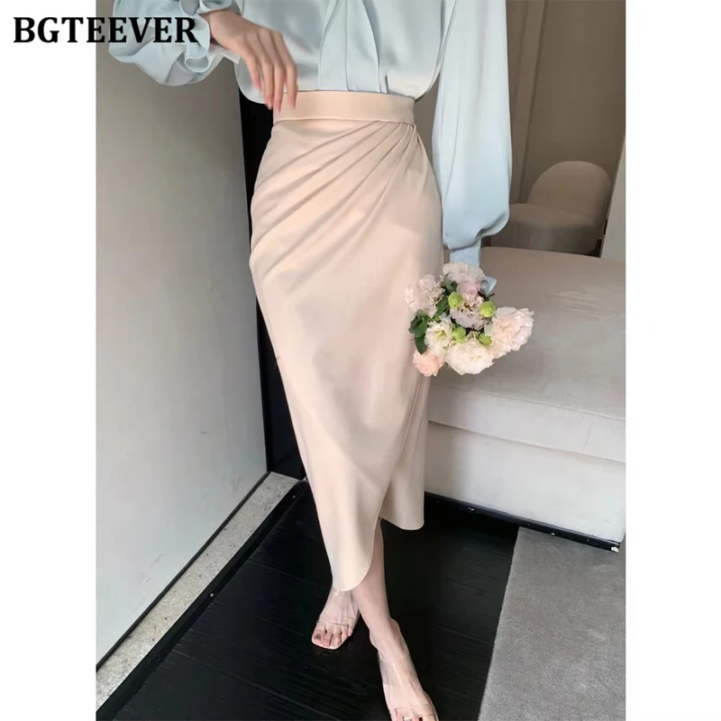 

BGTEEVER Elegant Irregular Skinny Pencil Long Skirts for Women High Waist Sim Solid Package Hip Female Midi Skirts