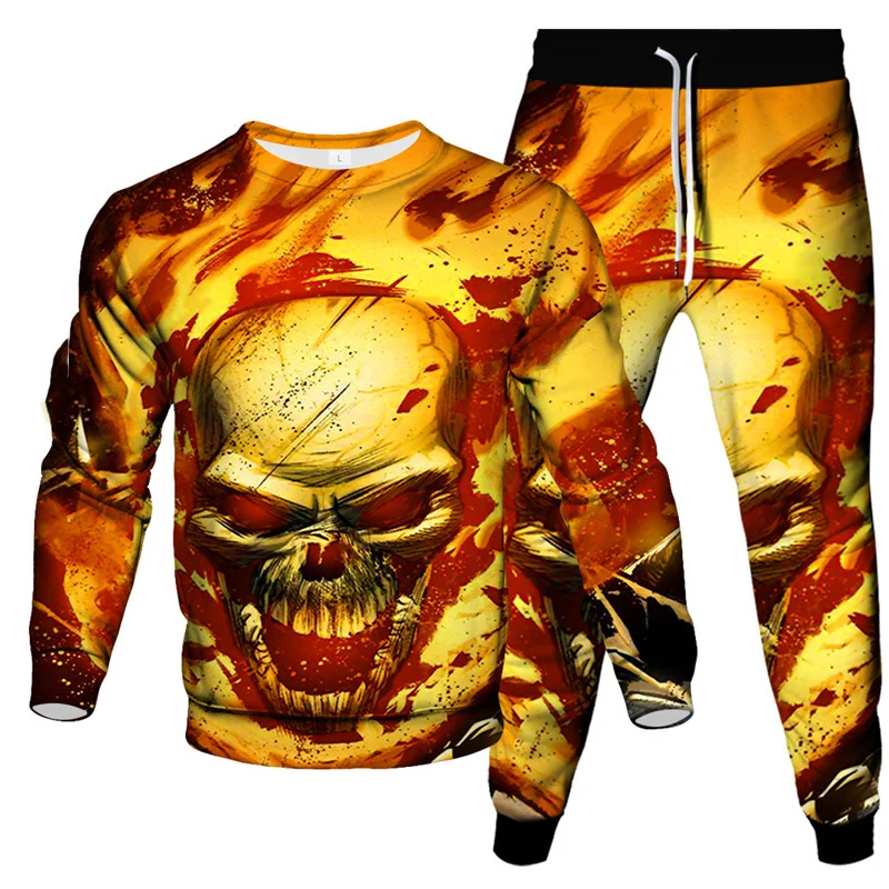 Fashion Skull Fire 3D Print Men\'s Sportswear Set Casual Long-Sleeved T Shirt Pants 2-Piece Set Oversized Pullover Men Clothing