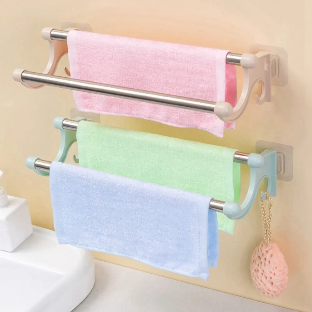 

Stainless Steel Double Rod Towel Bar Wall Mounted Traceless Towel Rack Space Saving Punch-free Towel Storage Shelf for Bathroom