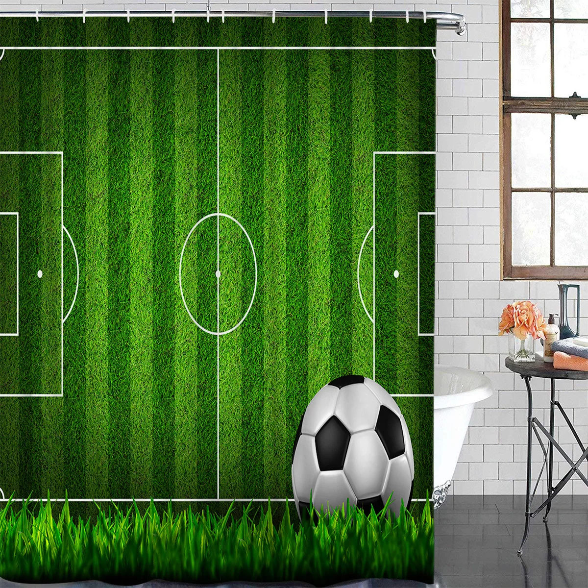 Soccer Football Game Gymnasium Green Waterproof Bathroom Decoration Shower Curtain With Hook Bath Curtains Bathroom Accessories