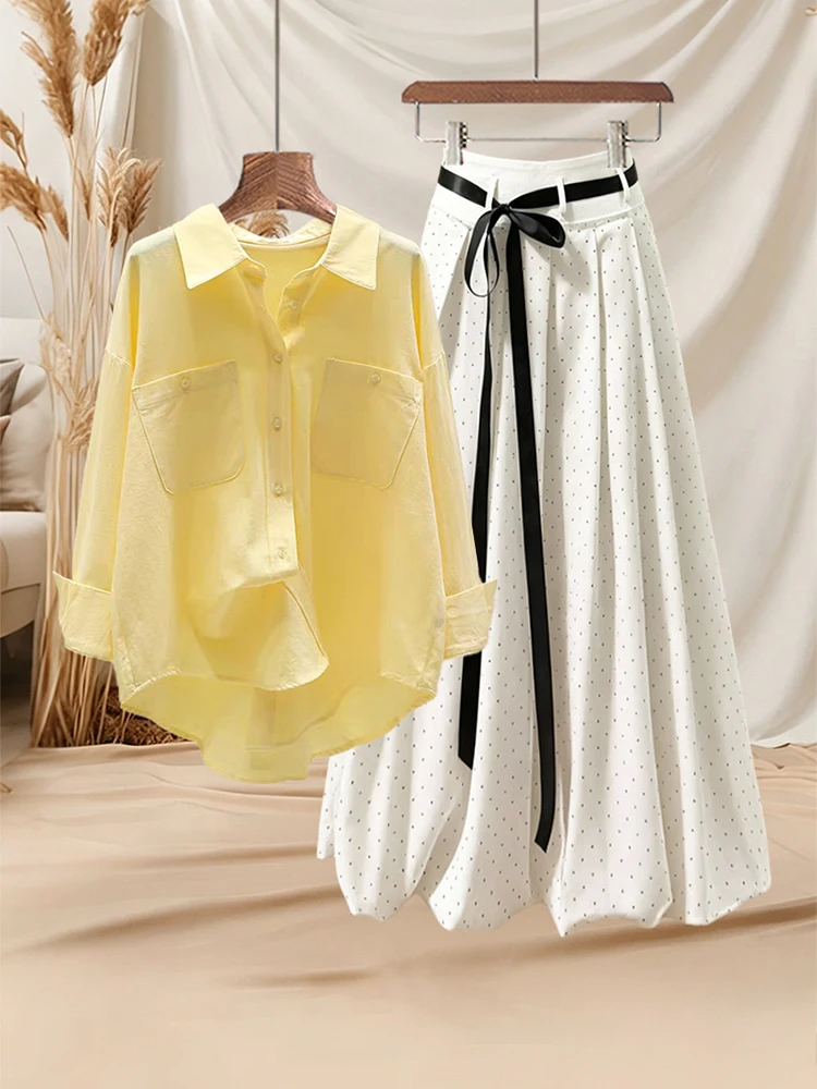 Laid-back Style Yellow Dopaamine Loose Neck Shirt Top Autumn Polka Dot Bloom Half Skirt Two-piece Set Women's Fashion
