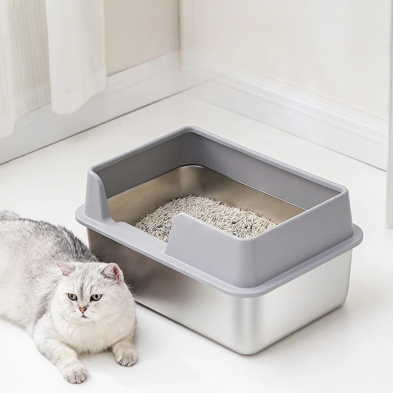 Large Semi Enclosed Sandbox for Cat Stainless Steel Litter Tray Heighten Fence, Cat Toilet, Odor Proof and Splash, Pets Supplies