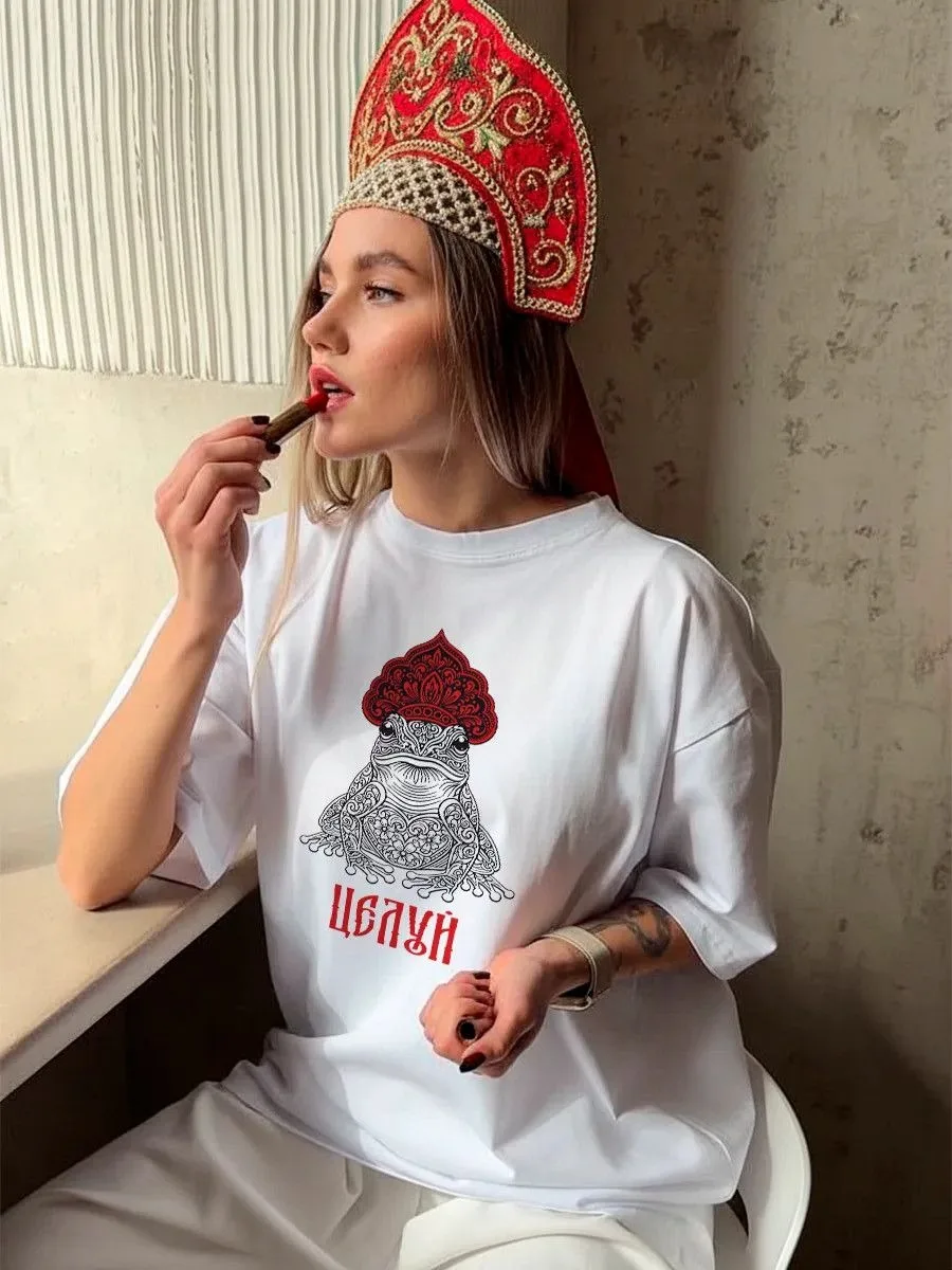 Russian Retro Summer Folk Style 100% Pure Cotton Unique Elegant Crown Print Street Y2K Harajuku INS Style Women's T-shirt