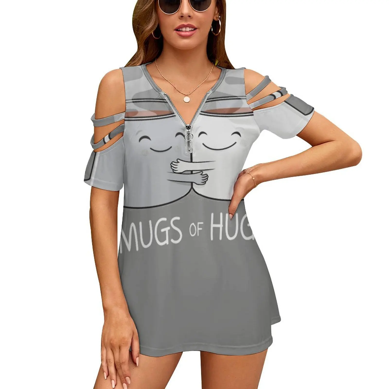 Mugs Of Hugs New Fashion Zip Off Shoulder Top Short-Sleeve Women Shirt Coffee Java Happiness Mornings Coffee Lover Hus Cute