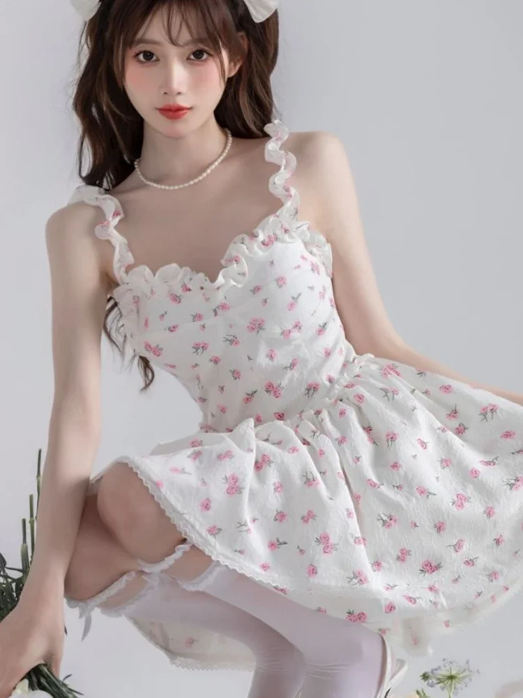 Mini vestido floral feminino, princesa, projetado em camadas, estético, estilo coreano, império, estudantes, casual, novo, verão