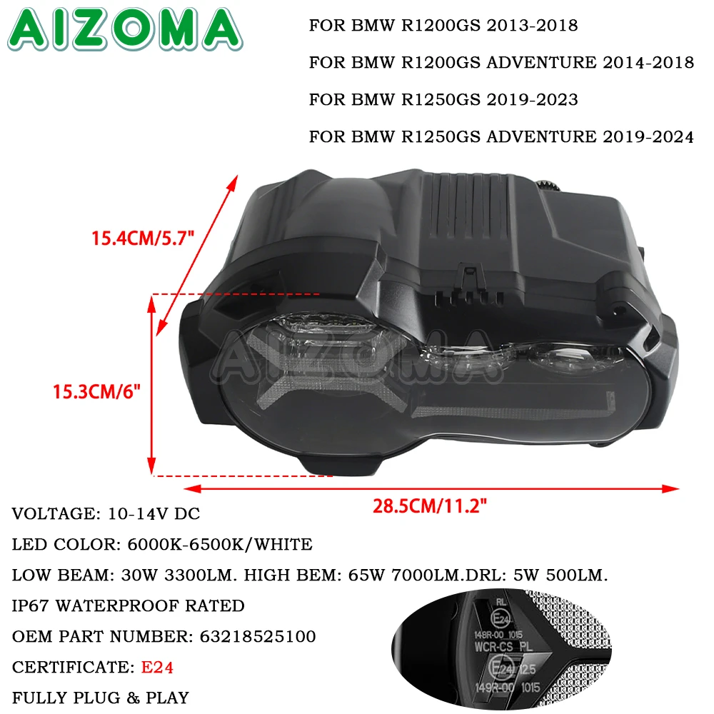 E24 LED Headlight For BMW R1200GS 2013-18 R1250GS 2019-2023 R1200GS R1250GS Adventure Motorcycle Headlamp IP67 Front Head Lights