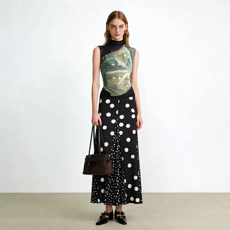 

Summer New Women's Design Large Polka Dot Black White Splice Slim Long Half Skirt Half Dress Long Skirt Elegant PVC Material