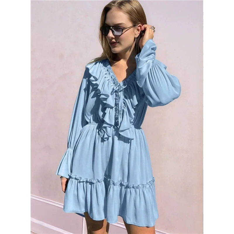 

ABRT-Womens V Neck Casual Long Sleeve Dresses Summer Loose High Waist Ruffle Pleated Cute Mini Short Dress