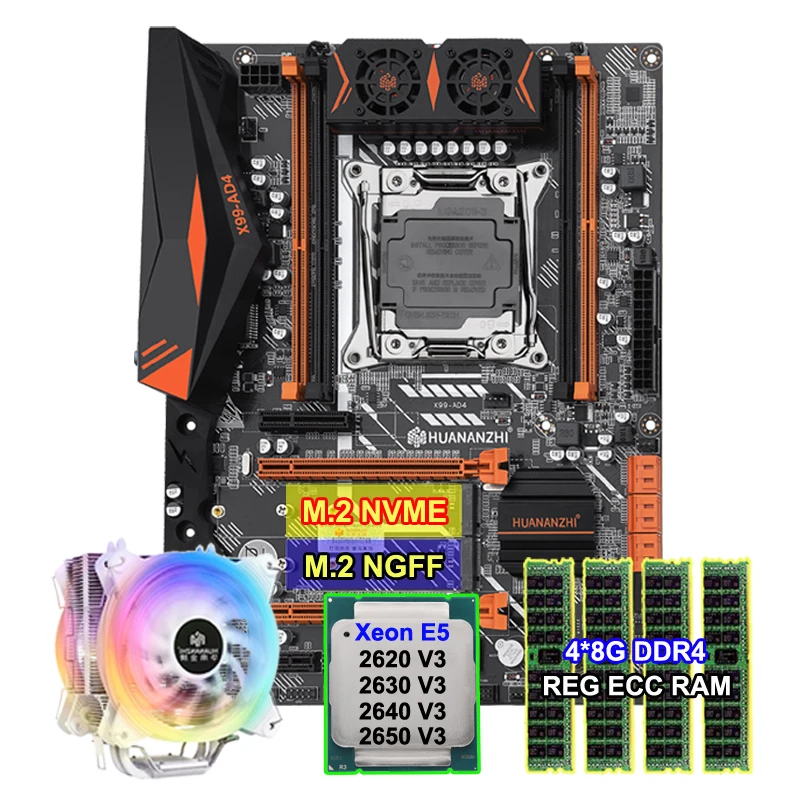 

HUANANZHI X99-AD4 Motherboard with 2*M.2 SSD Slots DIY CPU Xeon E5 2620 2630 V3 2650 V3 CPU Cooler 4*8G Memory REG ECC 32G RAM