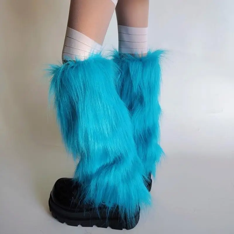 195E Bright Blue Plush Leg Warmers for Costume and Casual Women's Cold Weather Thermal Fuzzy Furry Boot Toppers Gaiters Socks
