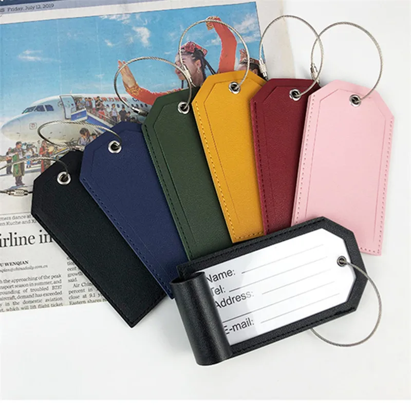 

5PCS Portable Fashion Solid Color PU Leather Luggage Tags For Women Men Travel Suitcase ID Name Address Label Bag Accessories