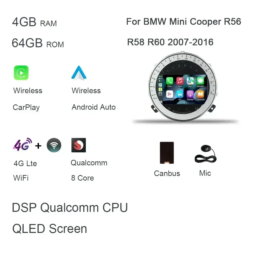 Kabelloses Carplay DSP 8GB 128GB 7' Android 14.0 Autoradio Multimedia-Player für BMW Mini Cooper R55 R56 R57 R58 R60 2007-2013