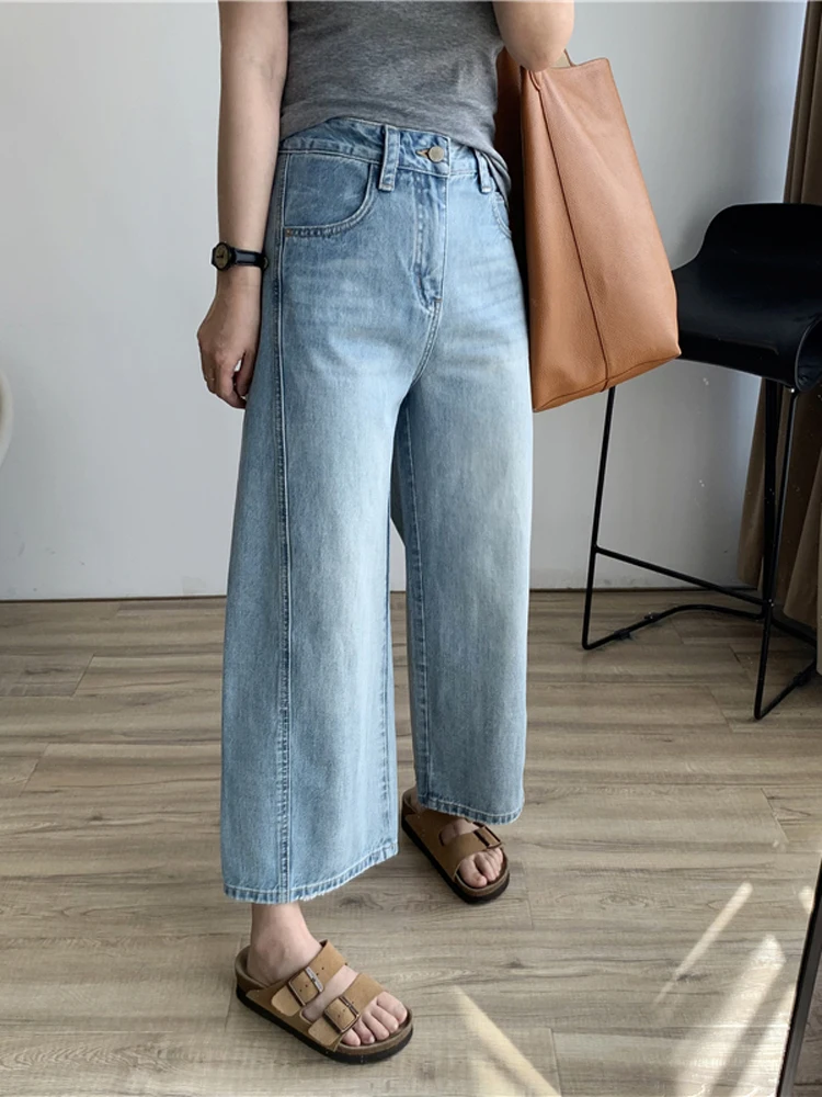 

Летние женские прямые джинсы с высокой талией, универсальные легкие широкие брюки, повседневные джинсы свободного покроя с застежкой-молнией