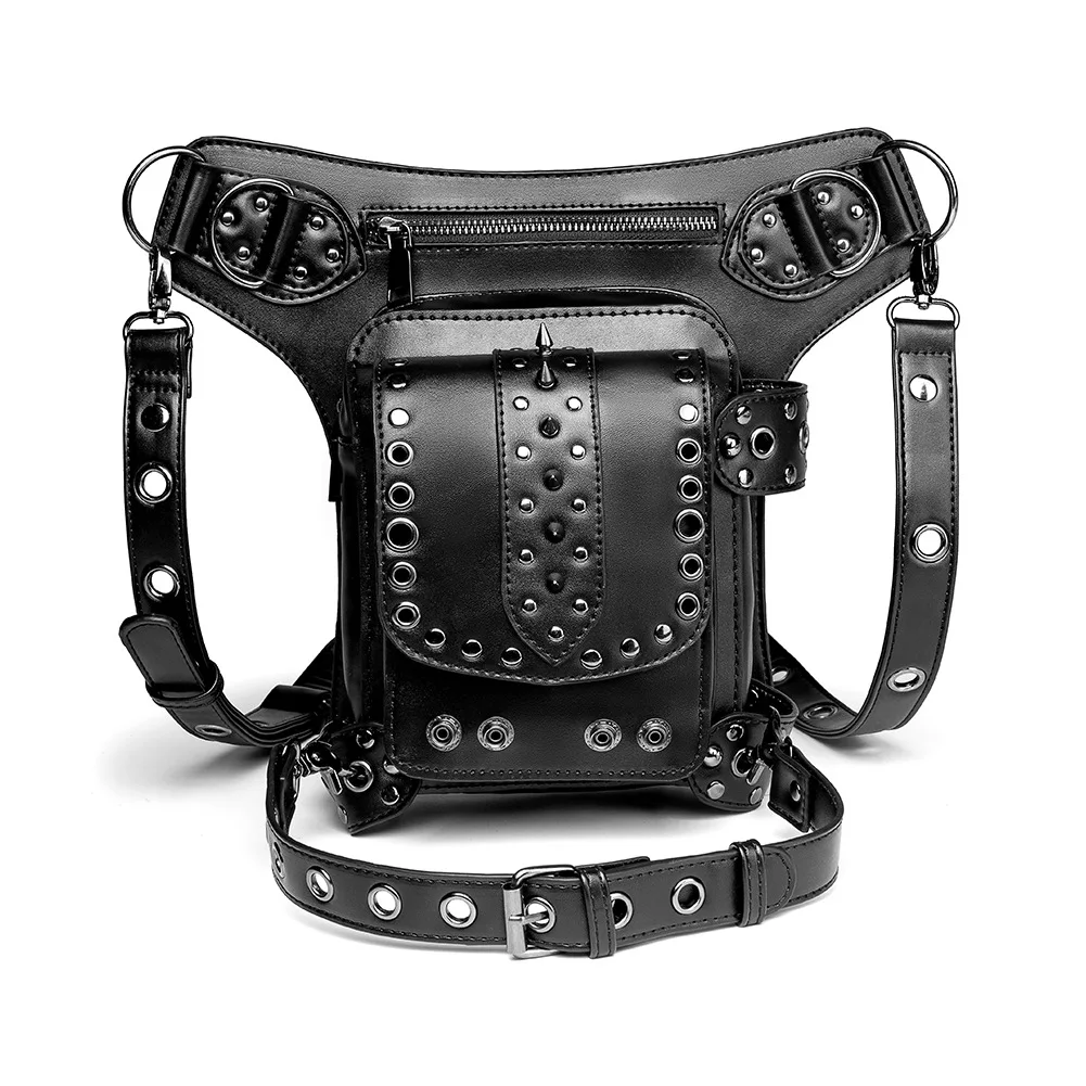 

Motorcycle Thigh Bag Steam Punk Style Diagonal Shoulder Unisex Heavy Metal Rivet Waist Bag Trendy American Retro Style Chain