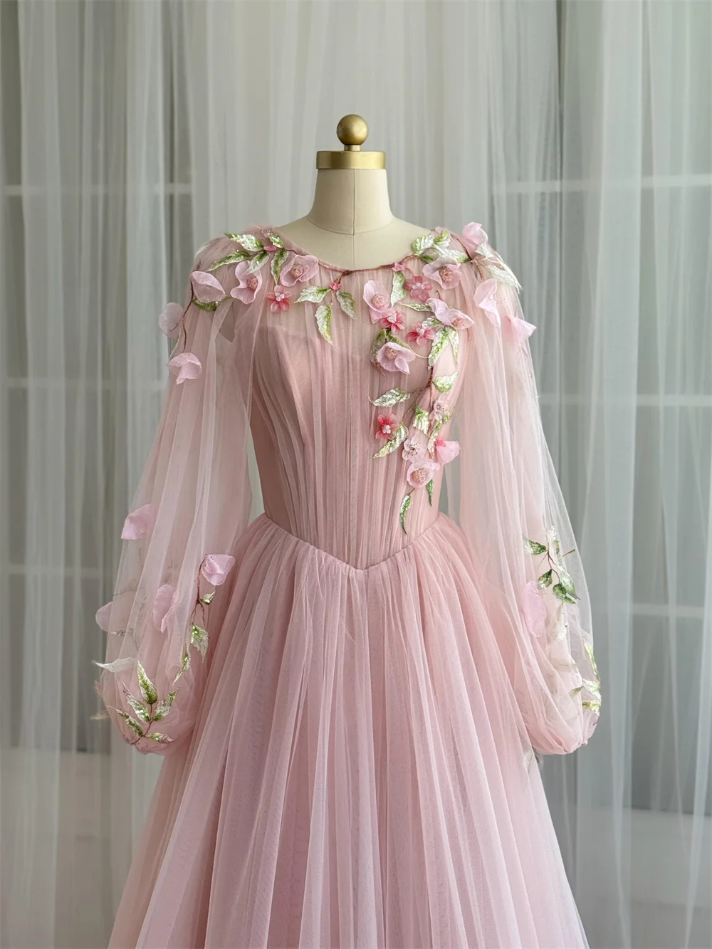 Cathy Maßgeschneiderte rosa Applikationen Ballkleid Ballkleider O-Ausschnitt Puffärmel Vestidos de Noiva Tüll bodenlang formeller Abend