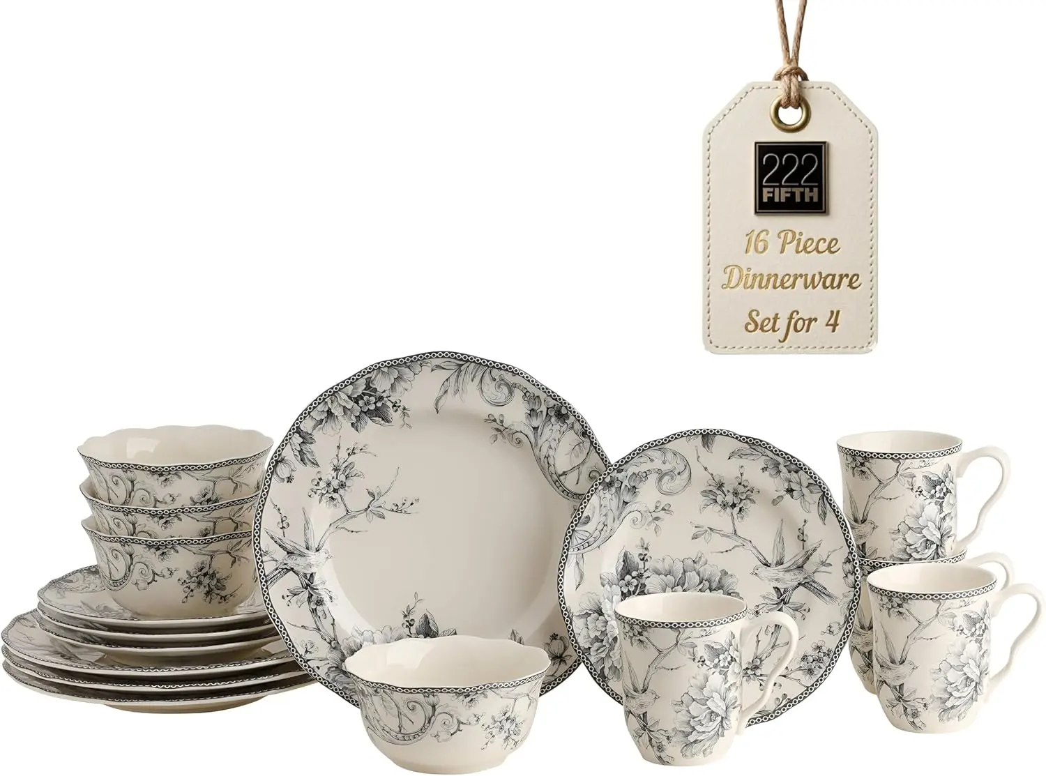 16-Piece Grey Porcelain Casual Dinnerware Set, Service for 4, Classic Toile Bird and Floral Pattern, Microwave and Dishwasher Safe, Ideal for Everyday Meals and Entertaining