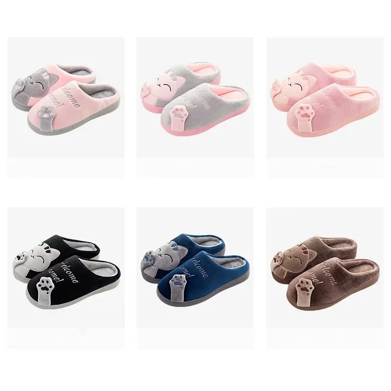 Winter Home Slippers Women Shoes Cute Cartoon Cat Slippers Men Plush Warm Slides Indoor Bedroom Non-Slip Floor Couple Shoes