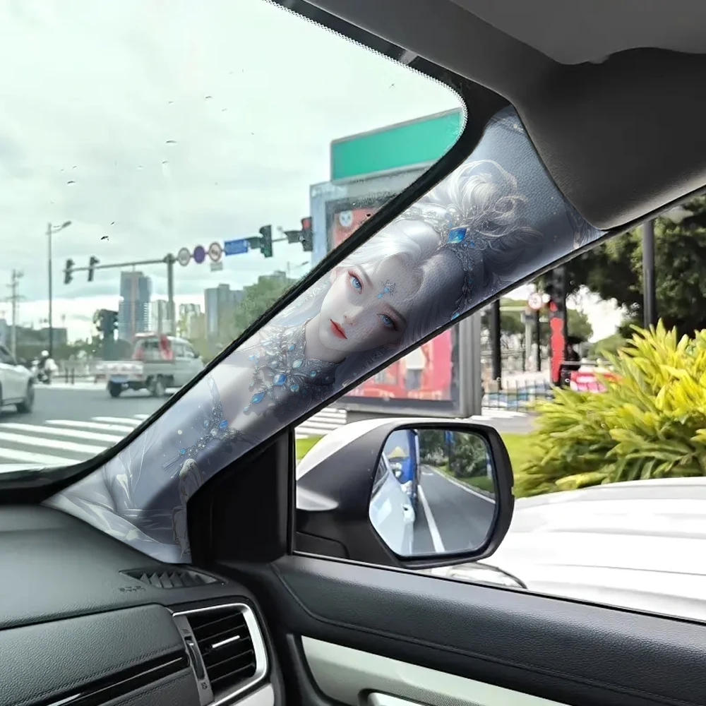 Two-piece set of Ice Princess pattern self-adhesive car A-pillar trim, elastic fabric, car interior accessories.
