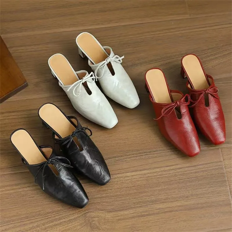 Dilalula 2025 Japanese Style Genuine Sheepskin Leather Slippers Women Covered Toe Thick High Heels Party Dress Mules Ladies