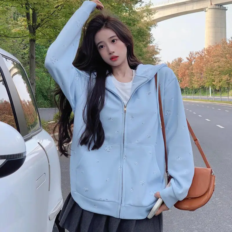 

Floral Hoodies Women Zipper Sweet Slouchy Style Sweatshirt Hoodies Mid-length Double Pockets Oversized Sweatshirts Ladies Jacket