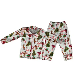 Christmas pajamas collection boys and girls clothing lapel long sleeve pants set Christmas tree pattern milk silk fabric