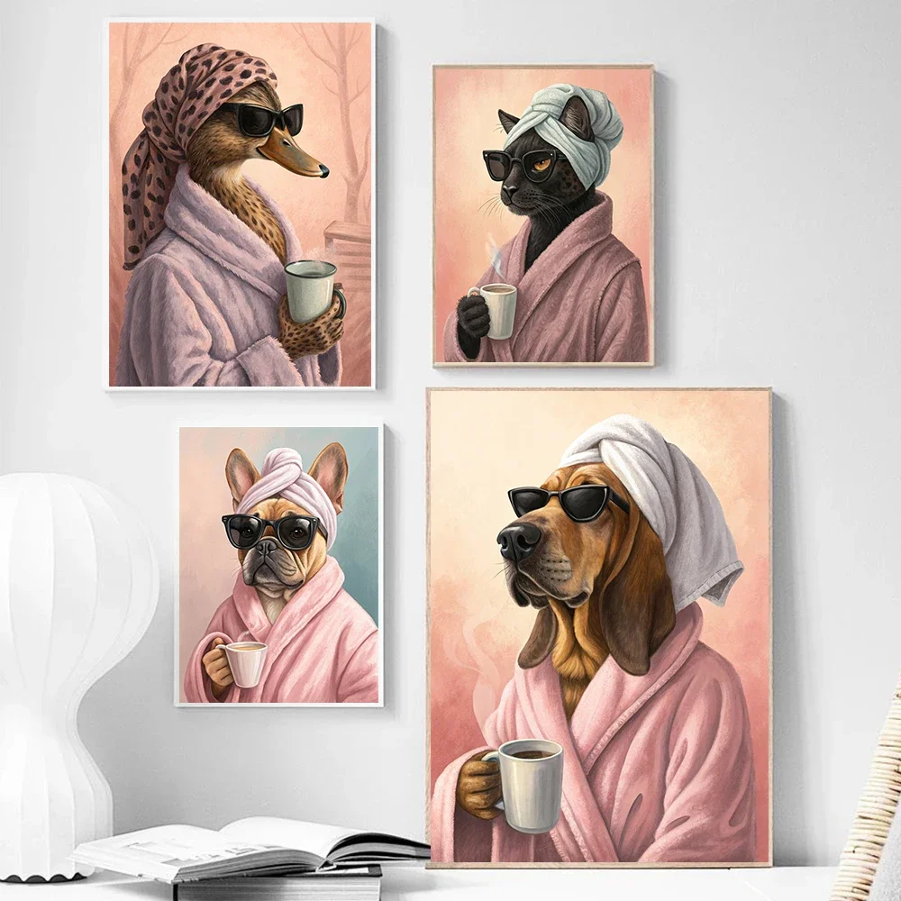 1pc frameless Canvas painting Funny Animals in a Bathrobe Posters French Bulldog Giraffe Panther Modern Prints Canvas Wall Art P