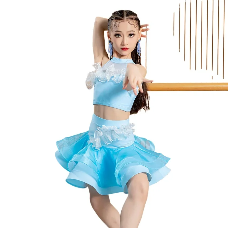 meisjes Latin dansjurk, Latin dans1 stuk/Baggio kinderen en kostuum, Sasha kostuum, zwart en blauw ballroom tango jurk