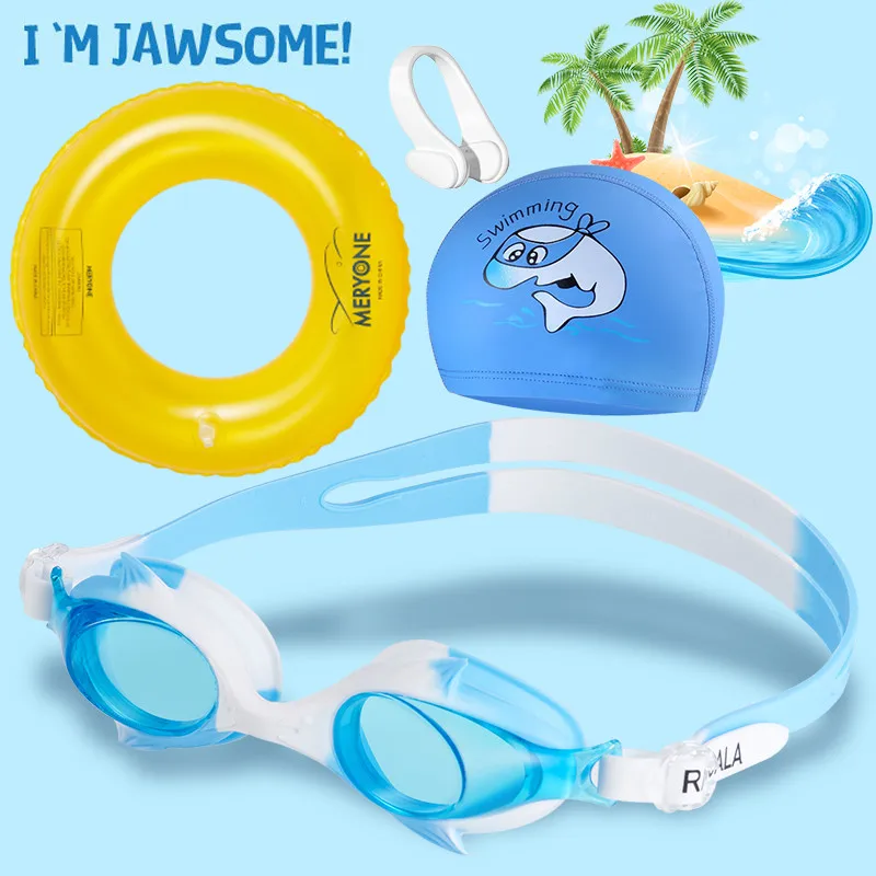 

High-definition anti fog lenses, Swimming goggles with children's swim cap and nose clip, four piece set