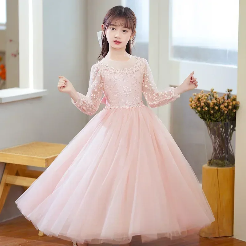 Lace Long Sleeve  Ball Gown Summer Hildren Girls Party Dresses Fashion Solid Color Flower Girl Dresses for Weddings 4-14Years