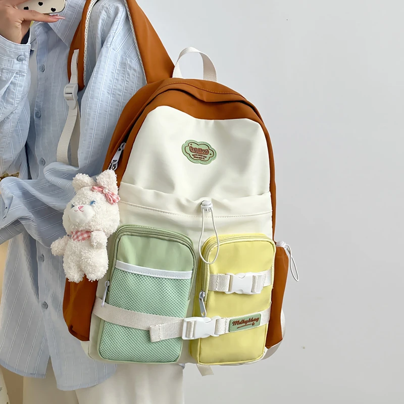 

Женский рюкзак из холщовой ткани с цветными блоками, многофункциональный, с плюшевым кроликом, регулируемыми лямками, повседневный, для школы, 2026