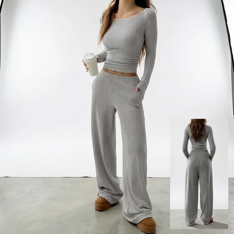 Women's Solid-Color Ribbed Loose-Fit Crew-Neck Top and Pocketed Wide-Leg Pants Set