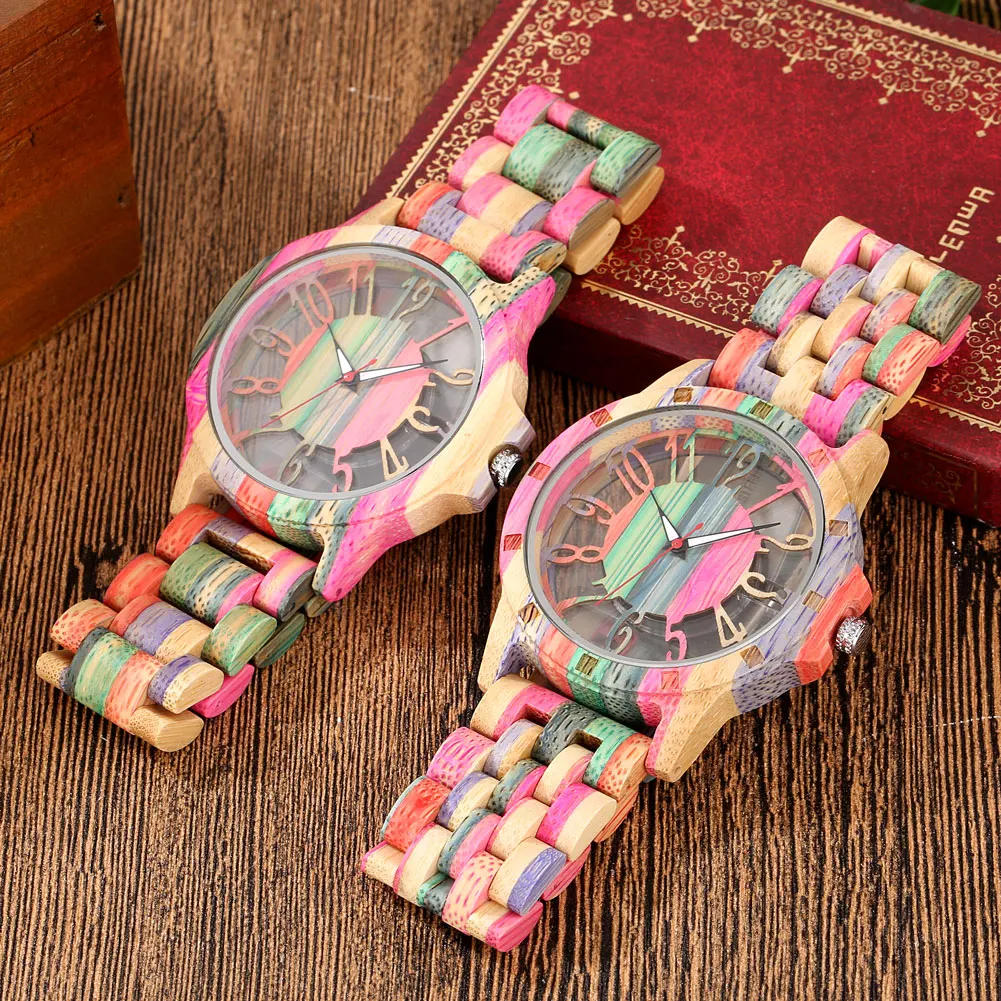 Transparent Hollow Arabic Numerals Dial Colorful Bamboo Watch Men Quartz Wristwatch Folding Clasp Bamboo Wood Bracelet Wristband