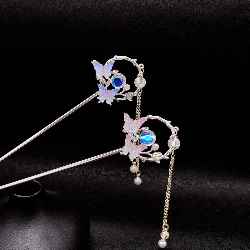 고대 스타일 나비 태슬 머리핀 레트로 니치 고급형 코일 헤어웨어 신중국풍 한복 스텝 쉐이킹 헤어핀