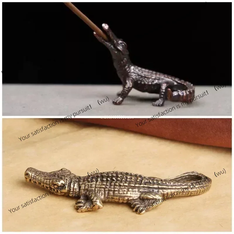 Antique bronze crocodile mini figurine vintage brass mini, desk ornament home feng shui decoration
