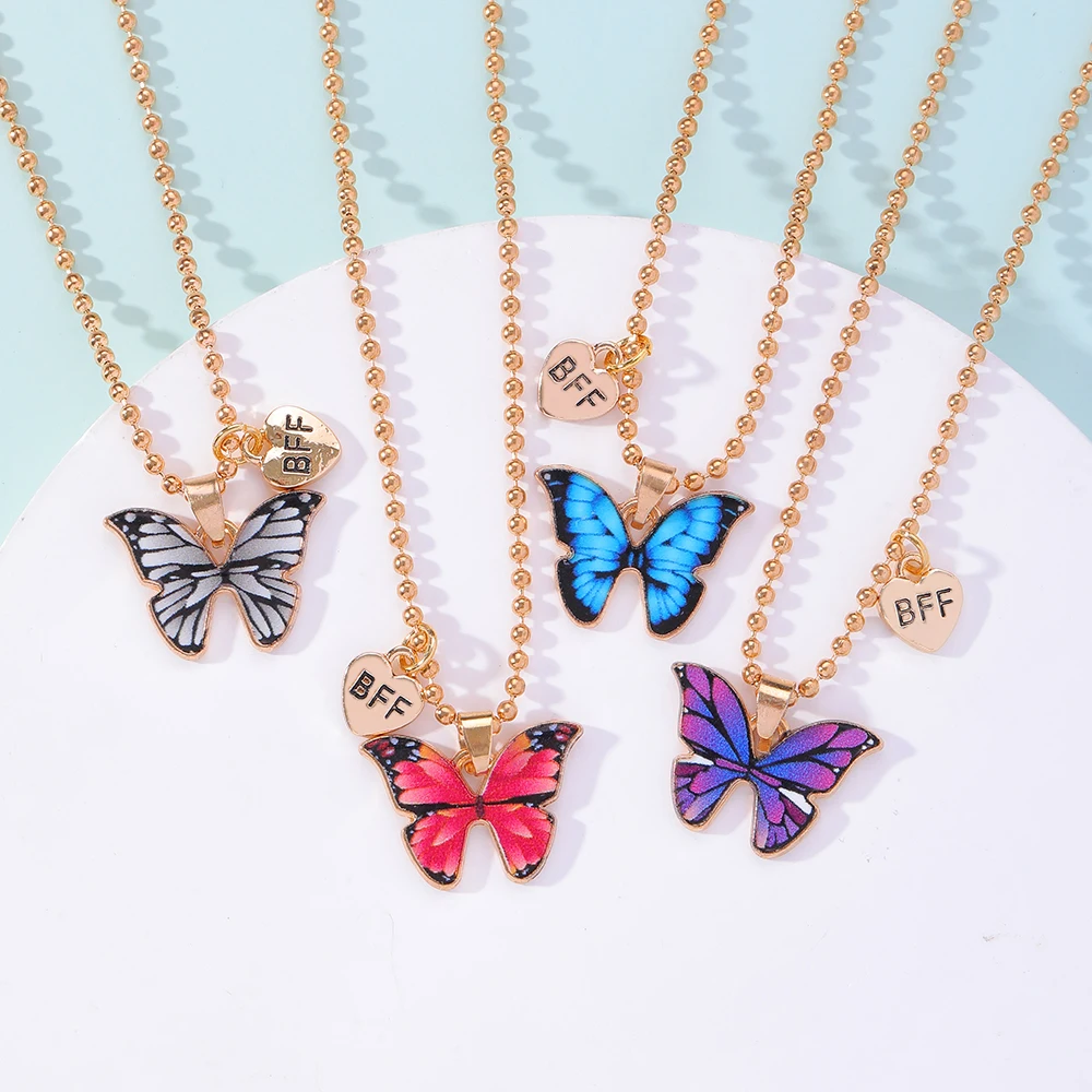 BFF Jewelry Cute Butterfly Best Friends Necklaces For 2 Enamel Colorful Friendship With Heart For Teen Girls Women Birthday
