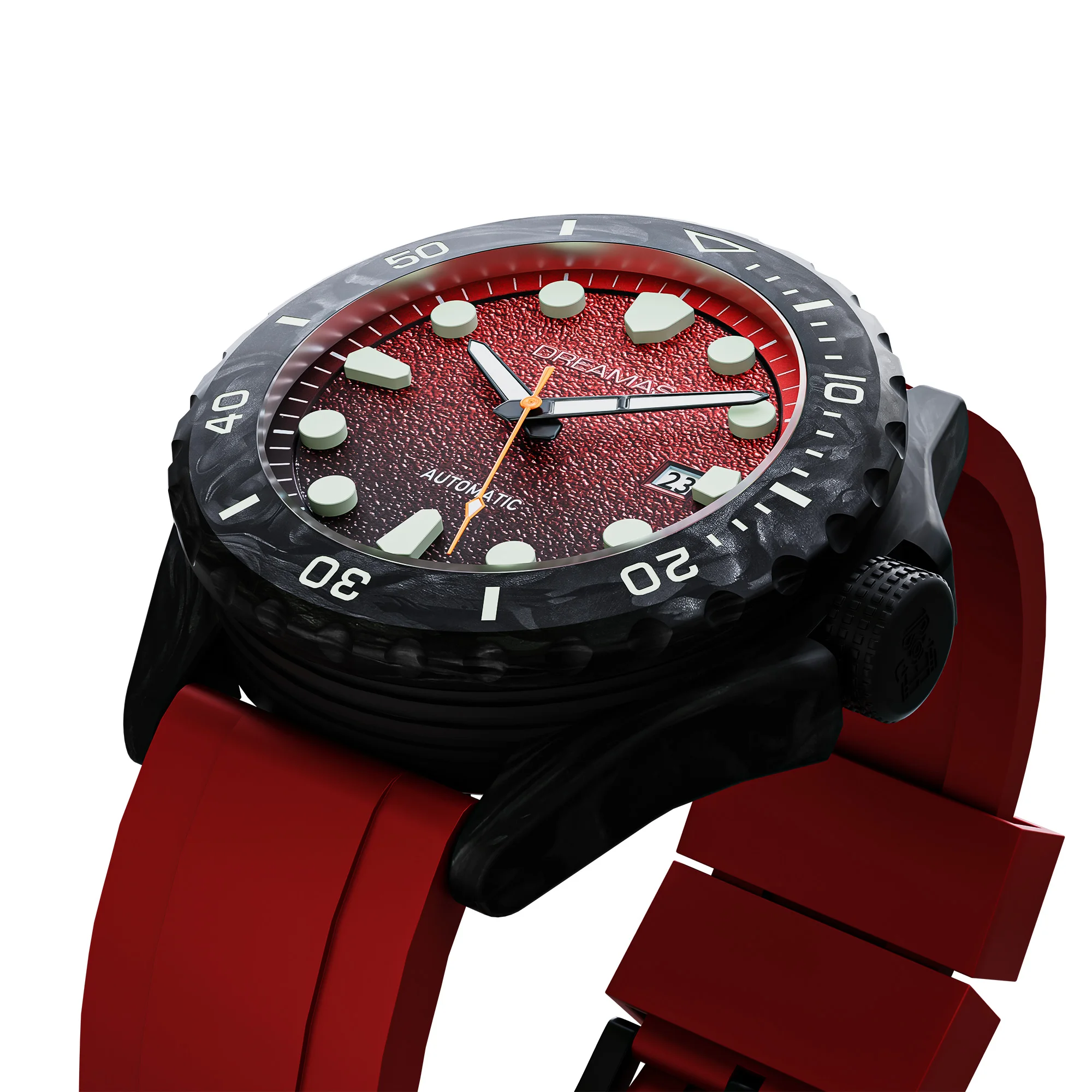DREAMAS Automatische mechanische Taucheruhr aus Kohlefaser, 500 m wasserdicht, Schweizer 3D-Leuchtzifferblatt mit rotem Farbverlauf, Sport-Armbanduhr – Detail 5