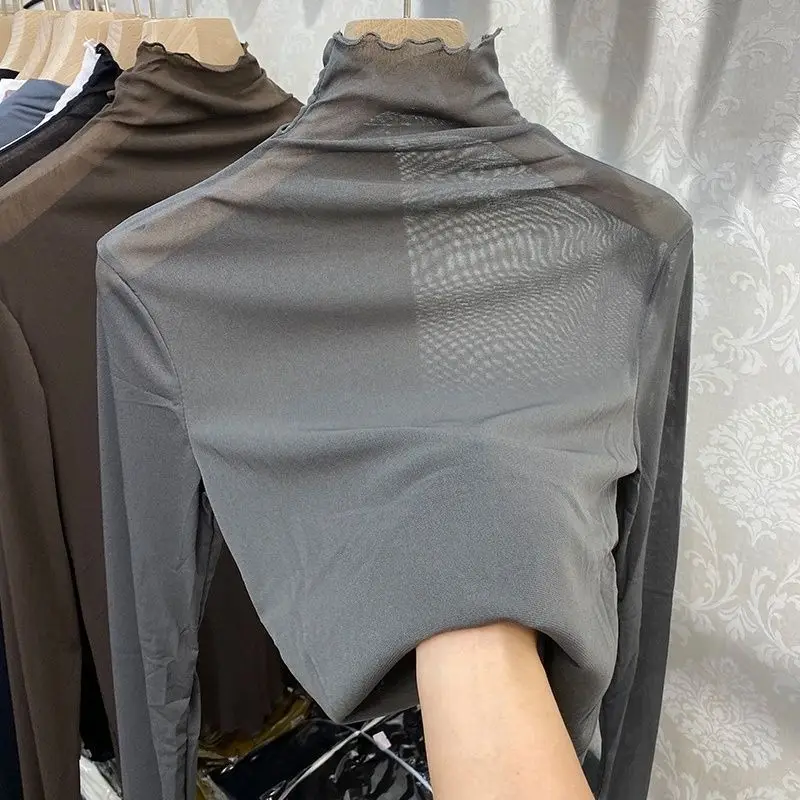 1pcs Spring Autumn Sexy Women T Shirt See Through Transparent Mesh Lace Tops Long Sleeve Sheer Slim Ladies Turtleneck T-Shirt