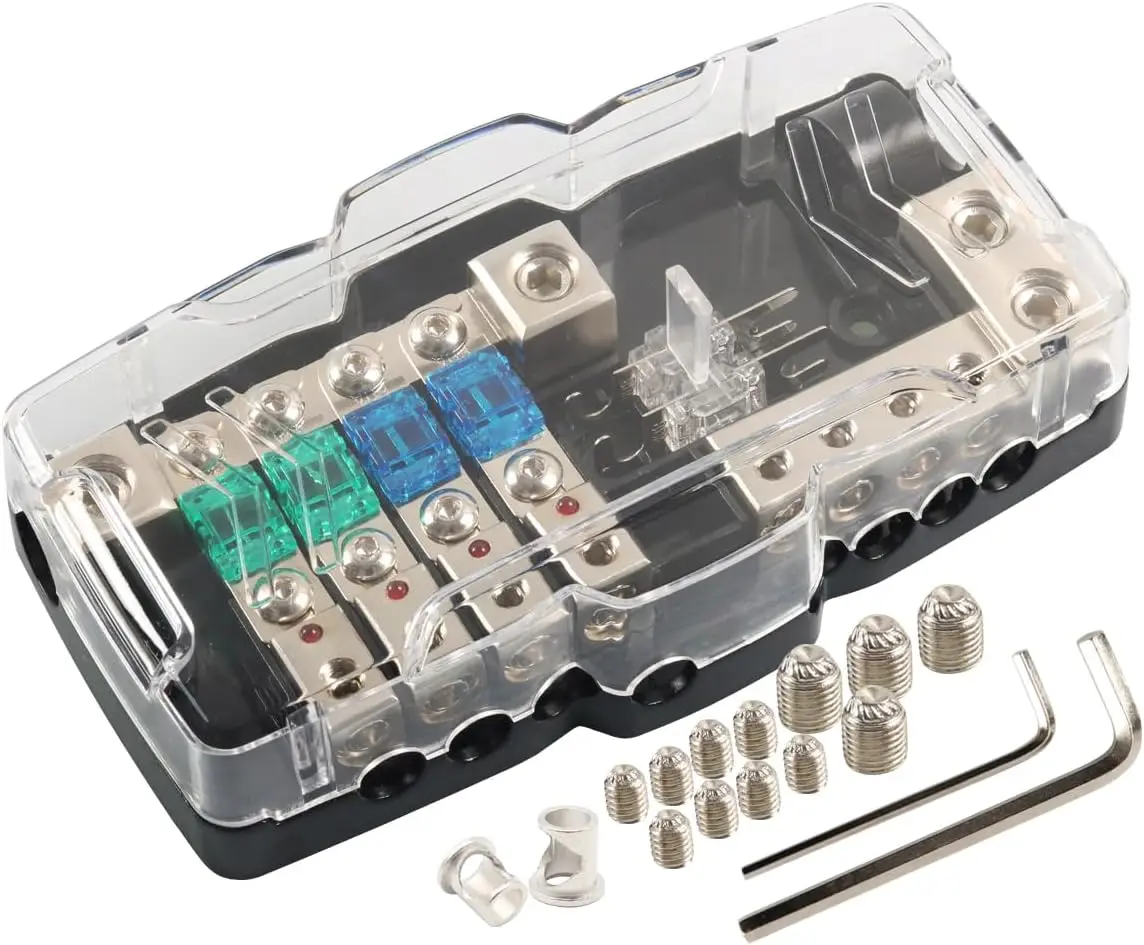 

Блок предохранителей ANL для автомобильной аудиосистемы Camper, 4 входа, 8 индикаторов, 4-контактные, мини-предохранители 30 А/60 А/80 А