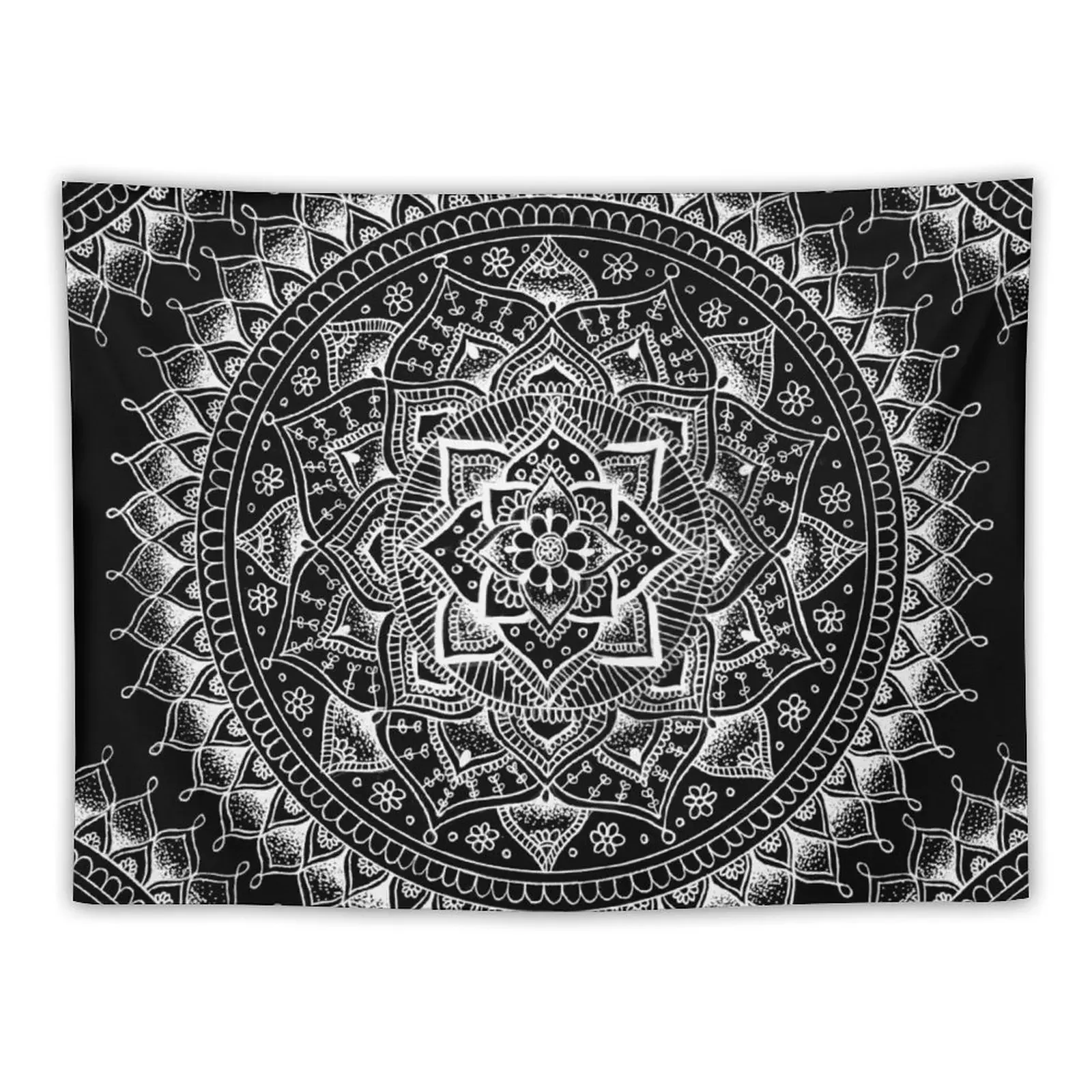 White Flower Mandala on Black Tapestry Aesthetic Room Decors House Decoration Aesthetic Decoration Cute Decor Tapestry