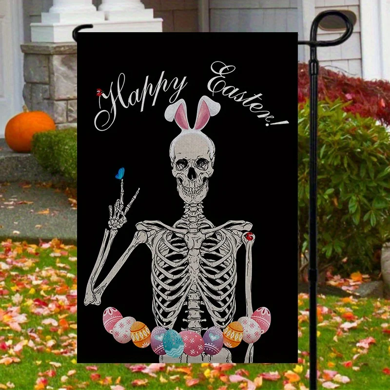 Cheerful Skeleton Egg Garden Flag for Easter Featuring a  Measuring Perfect for Outdoor Parties And Welcoming Scenes