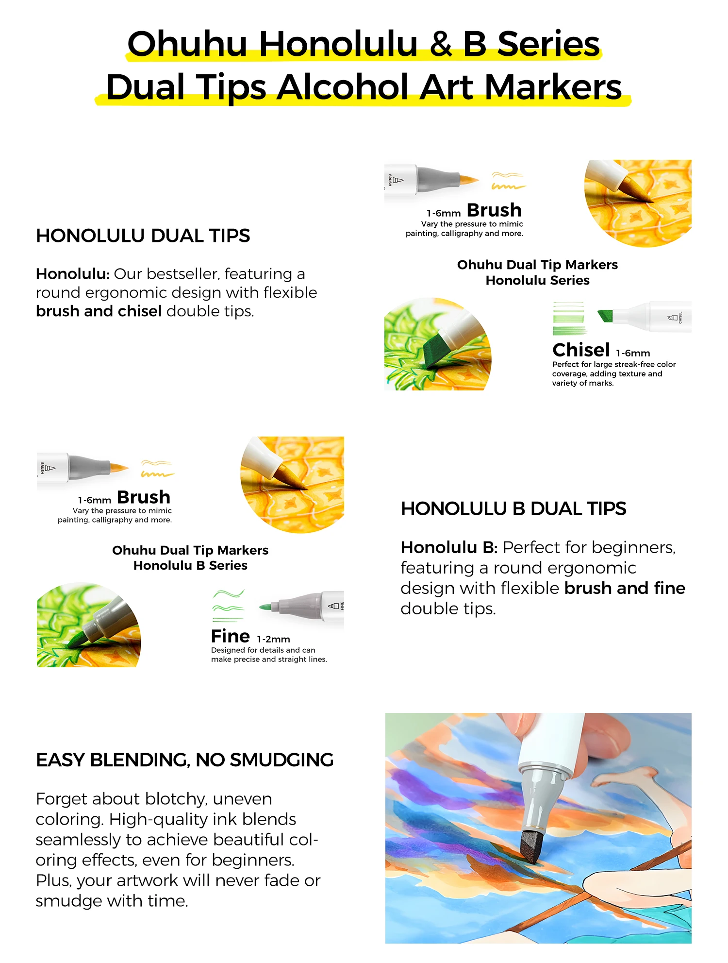 Ohuhu Honolulu 24 Farben Marker-Stift-Set Alkohol-Kunstmarker Nachfüllbar Doppelspitze Skizzieren Zeichnen Manga Schul-Kunstbedarf – Detail 7