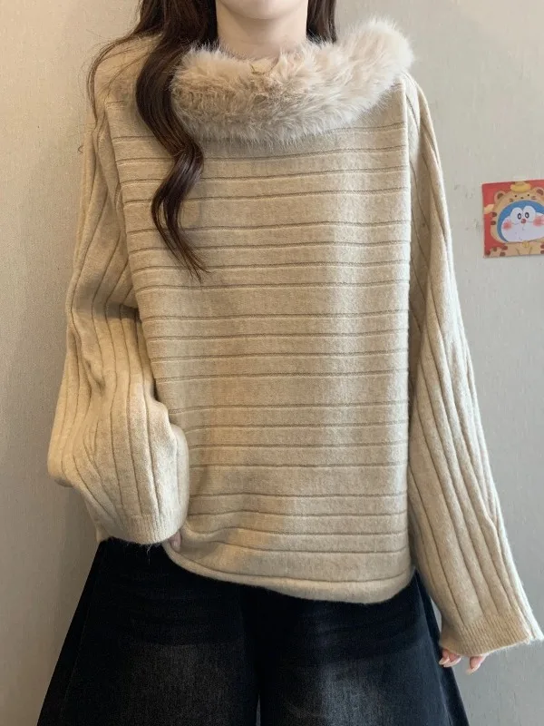 

Loose Long Sve Knitwear with Large Fur Collar for Women Autumn Winter plus Size Faionable Meat Concealing Youthful Top
