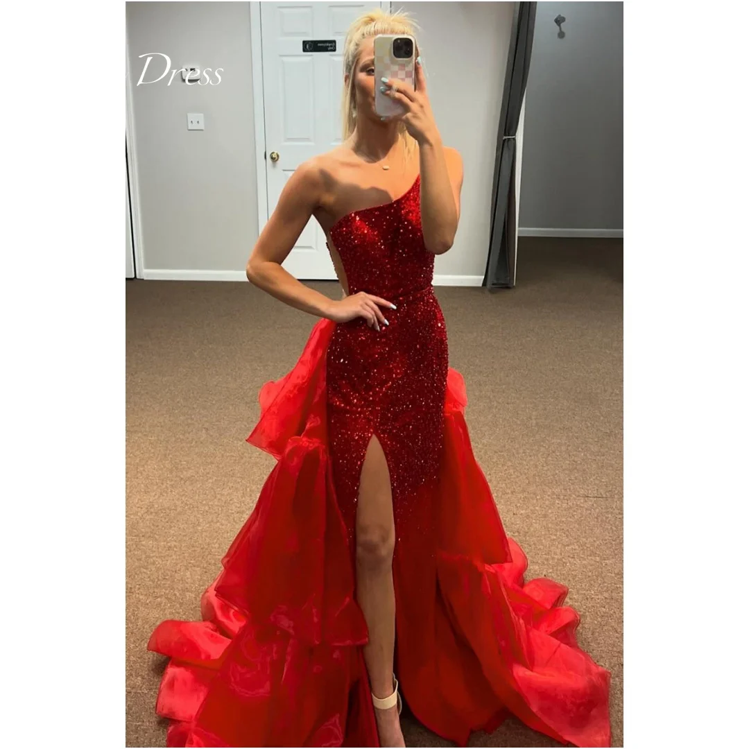 

Anna One Shoulder Wedding Guest Dress Women Elegant Party Dresses Woman Red Fish Tail Shiny Tailing Evening Luxury Dress 2024