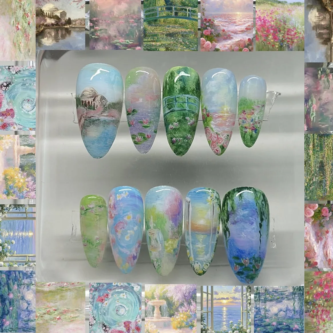 24Pcs Mid-length Almond Press on Nails Oil Painting Pastoral Flower Fake Nails Detachable Artificial Full Cover False Nails Tips